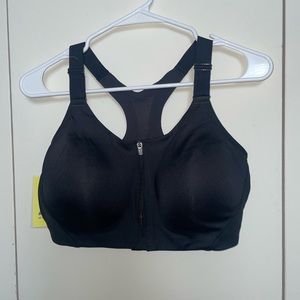 NWT DARK black comfort flex, front zip sports bra size 38 d
